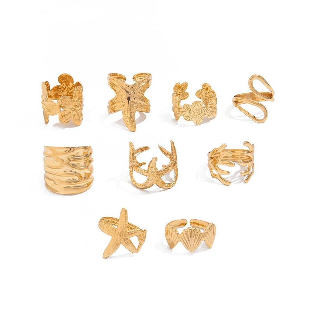 SHIXIN 9 Pcs Creative Starfish Scallop Flower Open Rings Set for Women Bohemian Irregular Adjustable Ring Beach Daily Jewelry