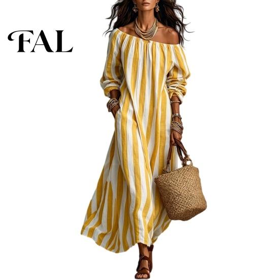 Daily Wear Dress Summer Women Striped Long Dress, Off Shoulder Sleeve Casual Breathable Beachwear Ankle Length Loose Swing with Side Pocket