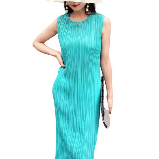 Женское платье-жилет с плиссировкой, свободный круглый вырез, однотонный, прямой, для поездок на работу