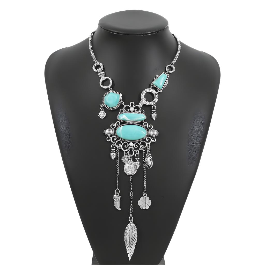 European and American Ethnic Style Exaggerated Pattern Inlaid Turquoise Alloy Necklace, Retro Design Y-shaped Neck Chain