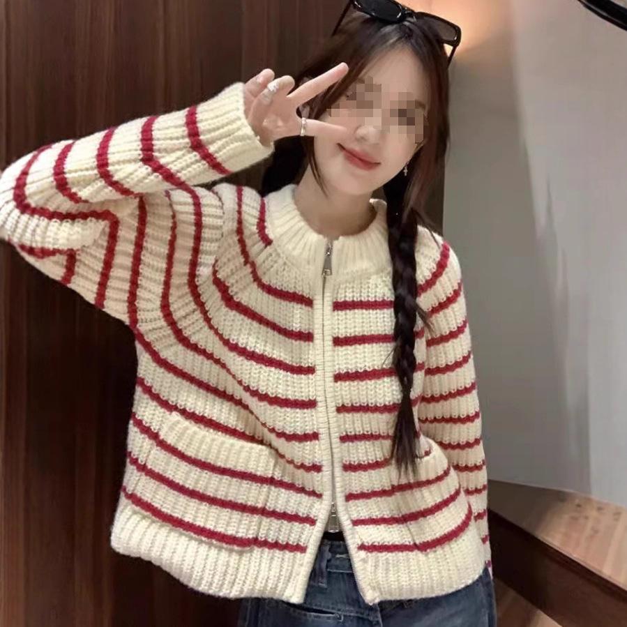 Women's French Chic Striped Knit Cardigan Jacket - Soft, Glutinous, Loose Fit, Zipper, Autumn/Winter 2025 Collection