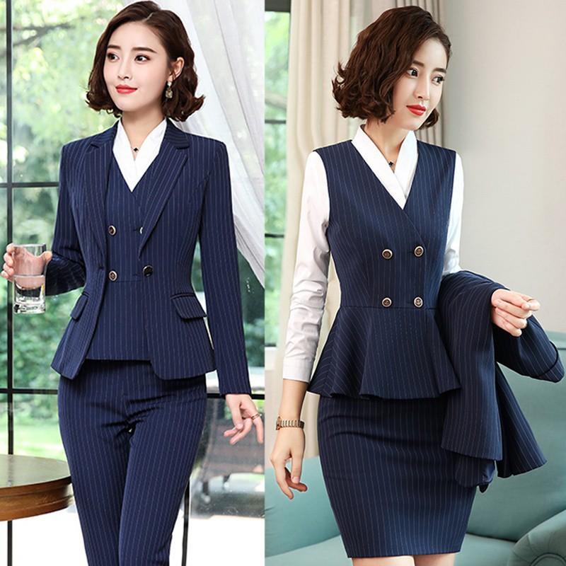 Womens Stripe Or Solid Color Blazer Set With Skirt/Pants Shirt Optional OL Business Casual Suit