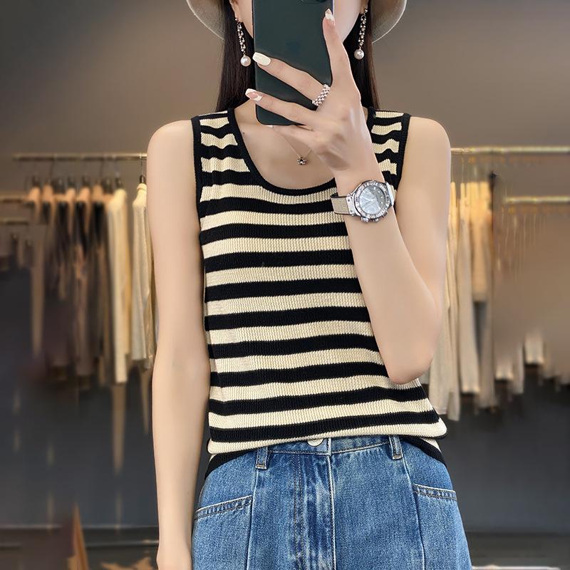 Летняя новая свободная короткая футболка с круглым вырезом, вязаный свитер без рукавов, базовый слой, жилет, топ на бретелях