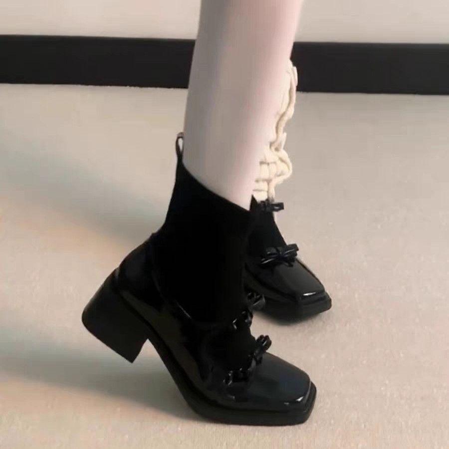 Trendy design stacked bow tie foreign style thin boots splicing Mary Jane socks boots thin thick heel short boots women