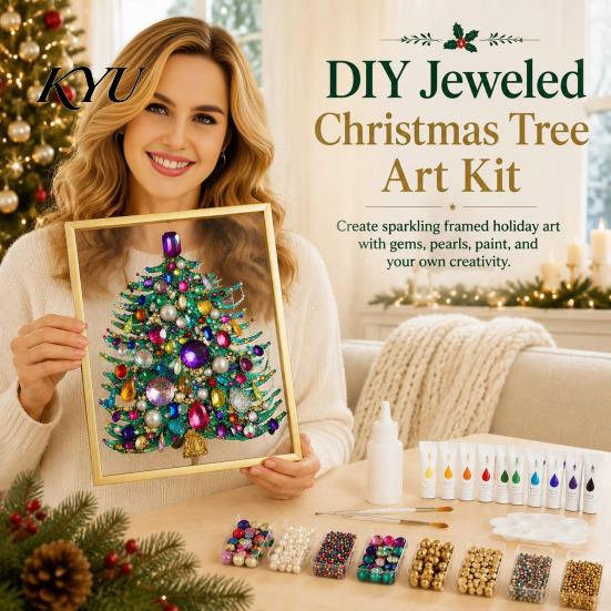 Creative Christmas Gift for Family DIY Faux Crystal Beaded Painting Tree Kit, Sparkling Holiday Artistic Gemstone Set Craft Set, 3D Gem Beads