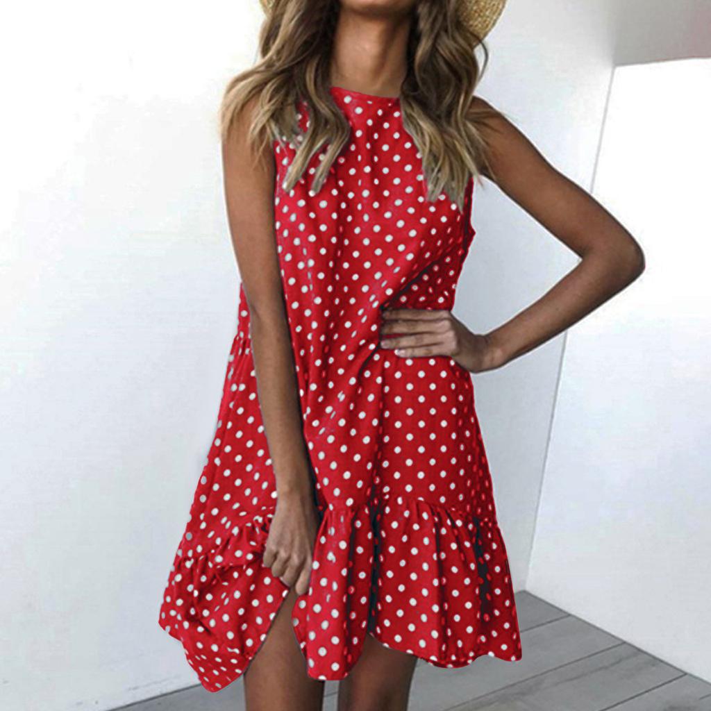 Fashion Women  Sleeveless Polka Dot Loose Casual Ruffle Dress