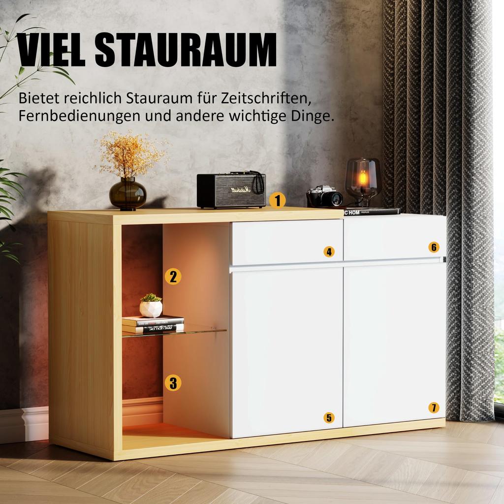 Sideboard Kommode LED 2 Türen & 2 Schublade & Glasregal, Anrichte Highboard Viel Stauraum, Buffets Esszimmer Wohnzimmer, Weiß & Eiche