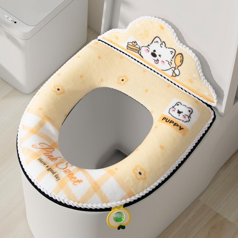 Thick Plush Toilet Seat Cover With Backrest Washable Cartoon Dog Print Winter Warm Soft Cotton Pad Home Bathroom Use