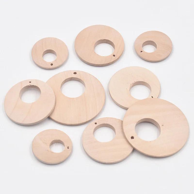 12pcs Flat Hollow Round 30 40 50mm Natural Wood Pendants Eco-friendly Beads for DIY Crafts Woodcraft Jewelry Making Accessories