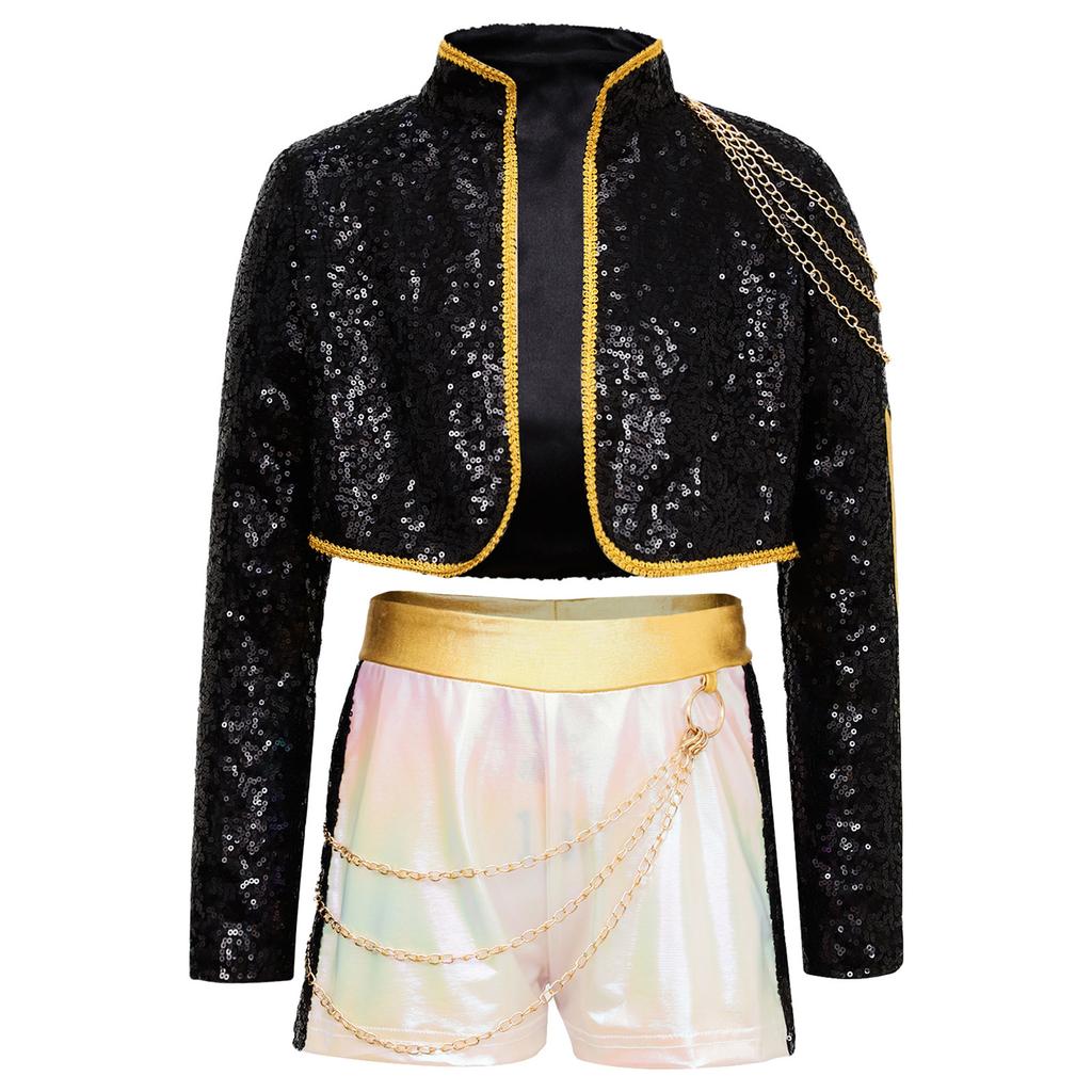 Костюм для косплея демона для девочек, наряд певицы для танцев, костюм для вечеринки, блестящая куртка с пайетками и длинными рукавами, с золотой цепочкой и поясной цепочкой, шорты