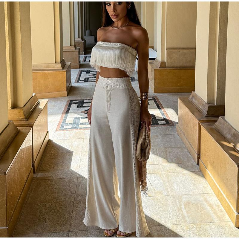 Solid Color Tassel Tube Top Strap Two-piece Sexy Beach Seaside Vacation Ladies Suit 2025 High Waist Wide Leg Pants & Short Tube Top