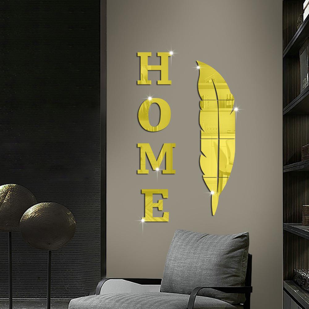 HOME Feather Mirror Wall Sticker Acrylic English Letter Self-adhesive Living Room Bedroom Creative Wall Sticker Wallpaper