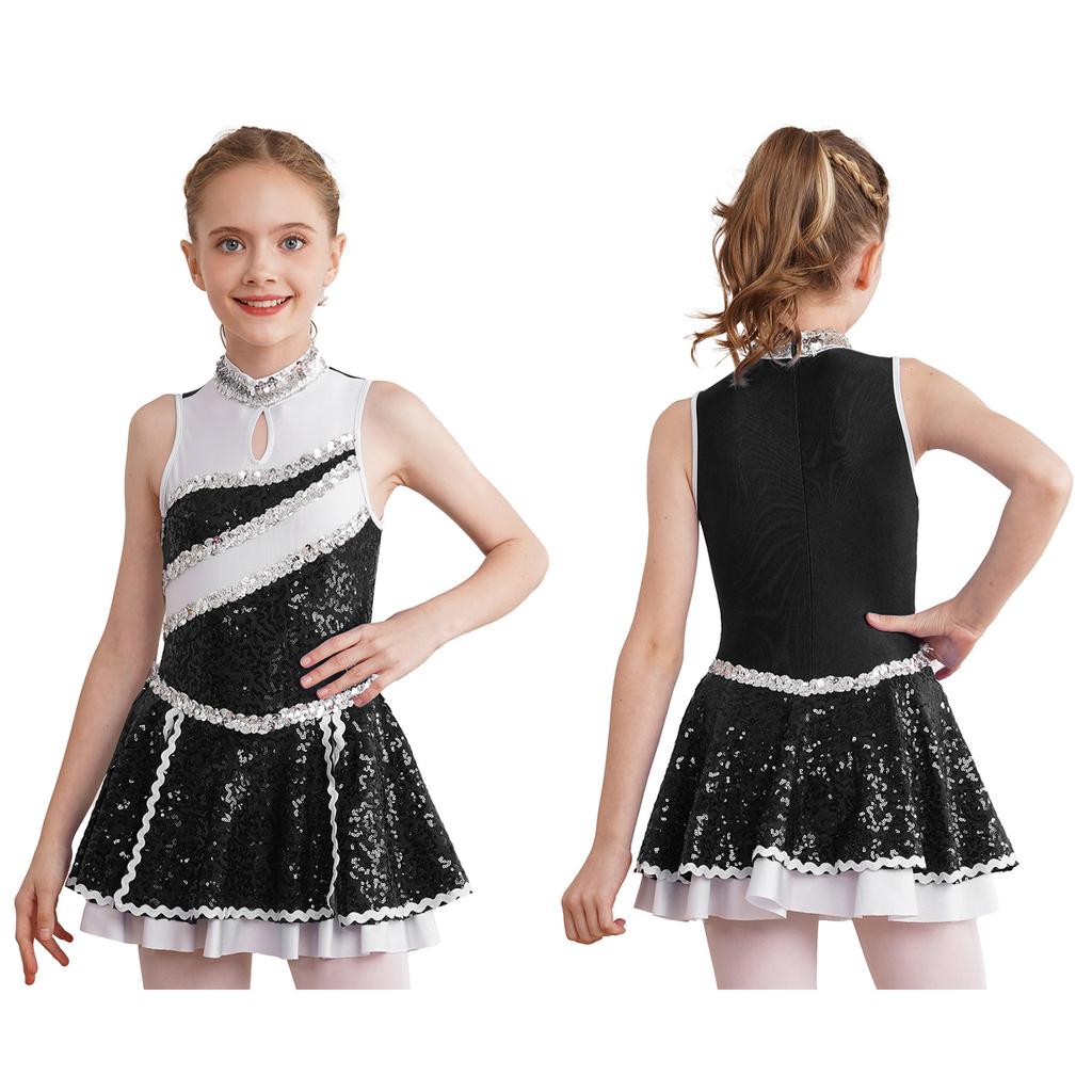 Kids Girls Glitter Sequins Cheerleading Uniform Cheer Leader Outfits Dance Dress Performance Dancewear