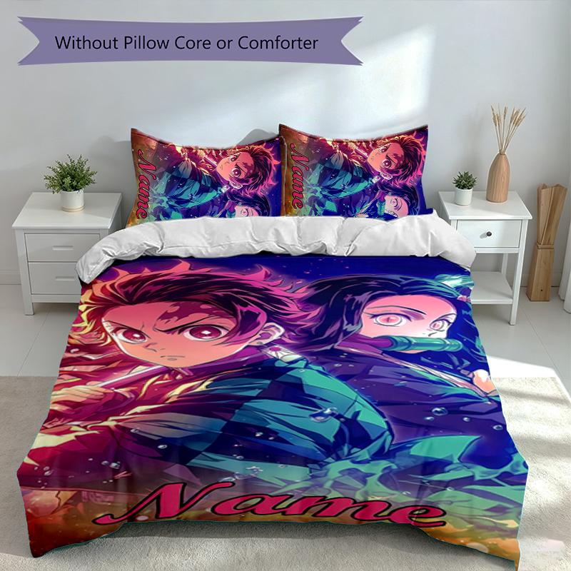 3pcs Custom Name Demon Slayer Tanjiro Kamado Set,Includes 1 Duvet Cover and 2 Pillowcases,All-season Bedroom Decor