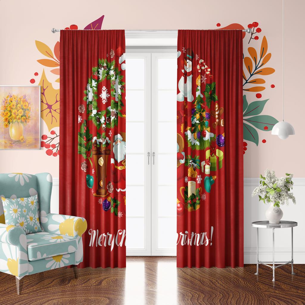2 штуки - Зимняя декоративная штора с принтом Санты - Полиэстеровый материал - подходит для спальни, гостиной, кабинета
