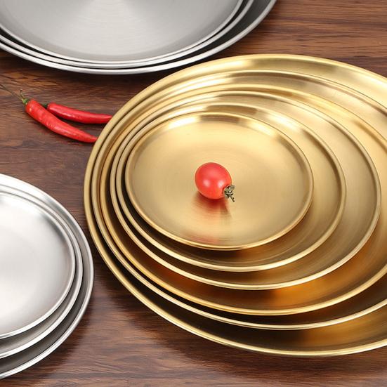 Round Dinner Plate Serving Platter Stainless Steel Barbecue Tray Korean Style Serving Dish Fruit Dessert Steak Plate
