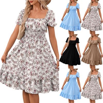 Женское длинное платье Платье макси Повседневное платье Шифоновые платья Свободное платье Повседневное платье для взрослых на открытом воздухе Повседневное платье с рюшами и коротким рукавом с v-образным вырезом