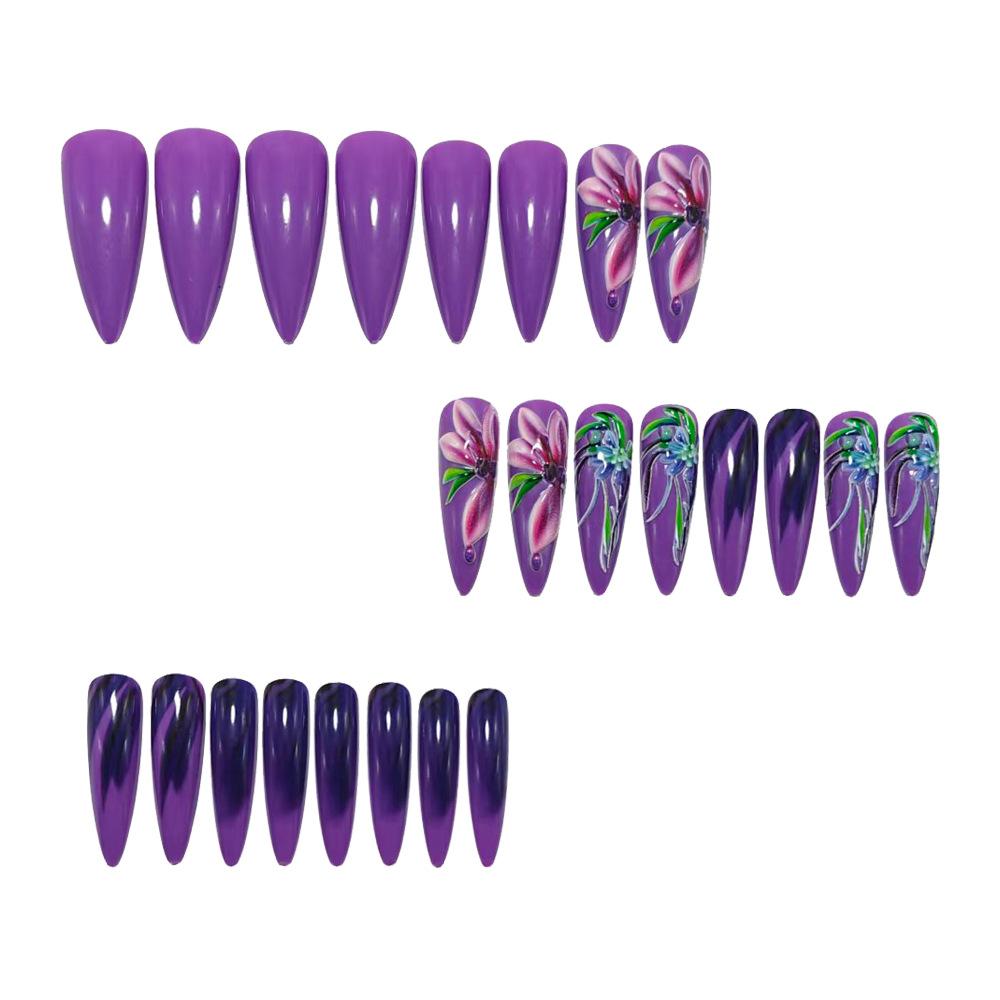 Three-dimensional Embossed Long Pointed False Nails Pure Lust Purple Sweet Flower Wear Nails 24 Pieces Of Manicure