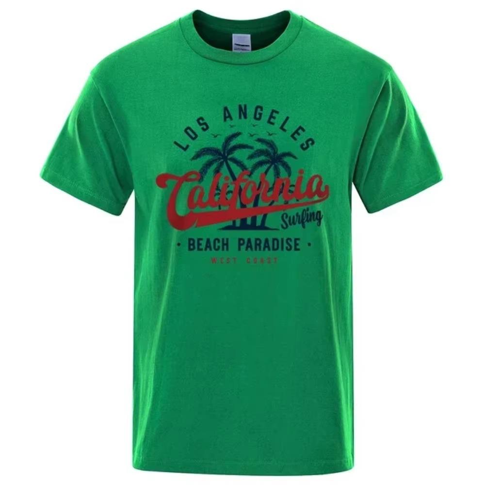 Camiseta de algodão gola redonda masculina, tops de verão, roupas respiráveis, Los Angeles California Beach Paradise Fashion