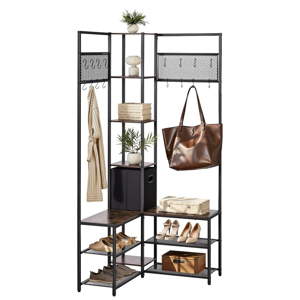 Corner Hall Tree with Shoe Bench, 1800 mm Coat Rack with Hooks and Steel Frame, Freestanding Clothes Shoes Rack Storage Organizer with Anti-Tip Set,