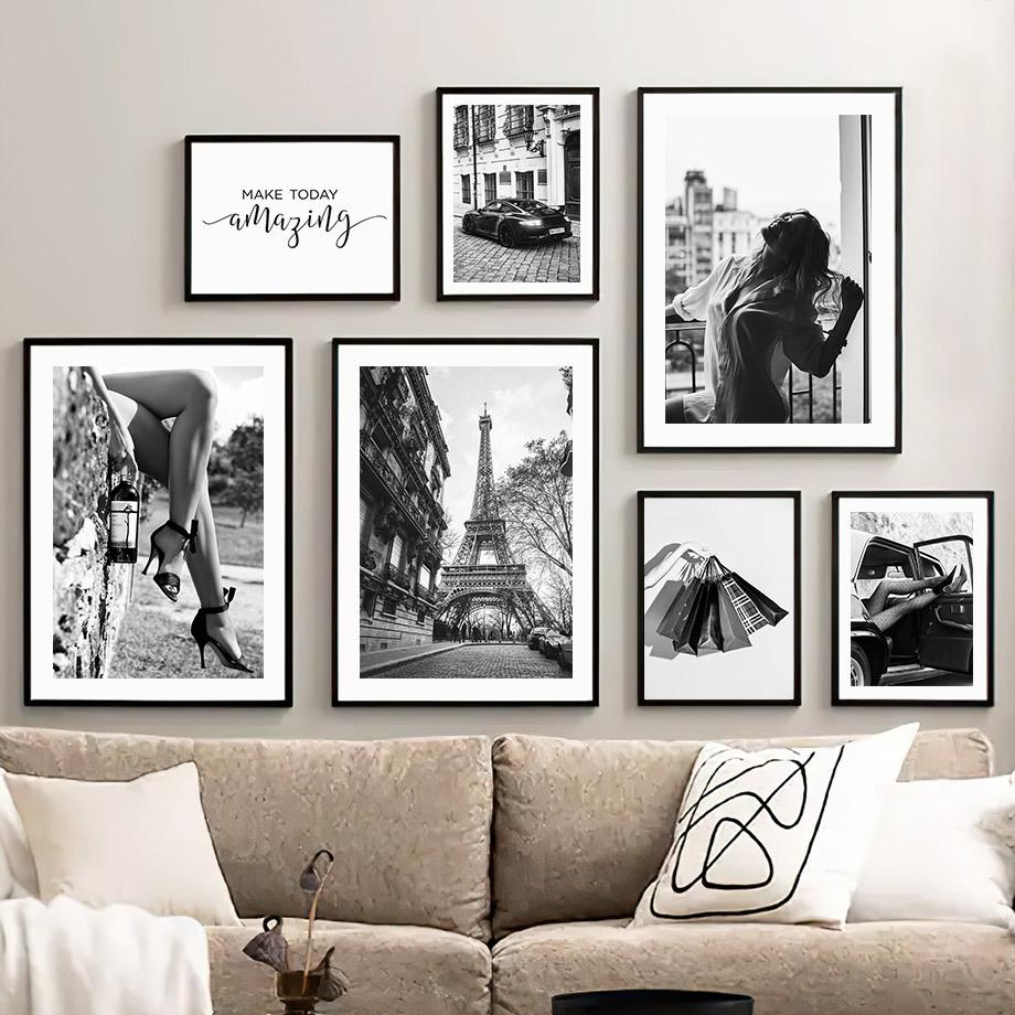Wall Art Canvas Painting Racing Car Paris Towel Shopping Girl Gift Black White Home Decor Poster Print Living Room Wall Pictures