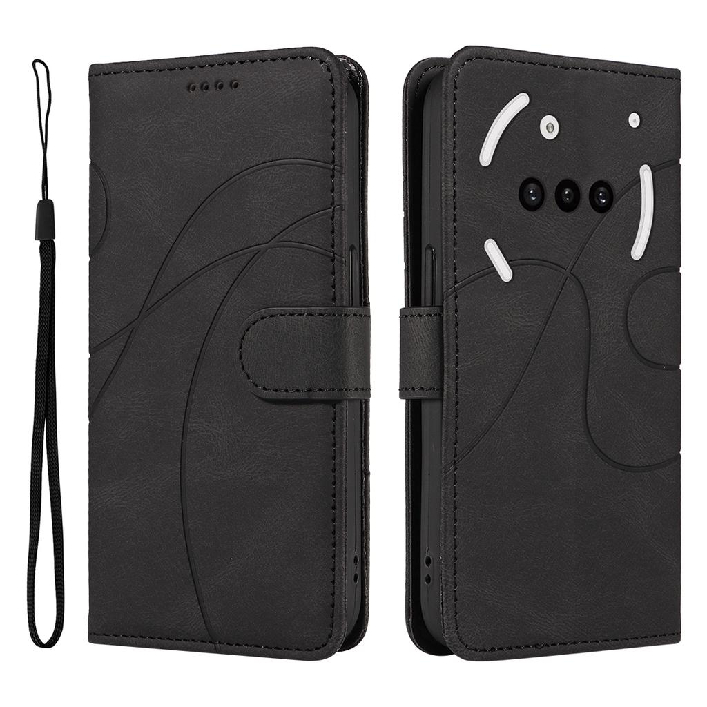For Nothing Phone (3a) Wallet Case Leather Phone Cover Stand with Curved Line Design -  Black