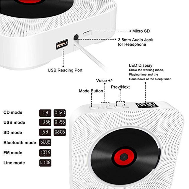 CD-плеер, настенный портативный Bluetooth-плеер для домашнего аудио с дистанционным управлением, FM-радио, встроенные Hi-Fi-динамики, MP3