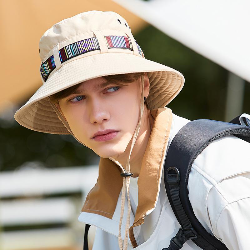 Fashion Hiking Hat for Men Summer Wide Brim Sunshade Solid Color Cowboy Fisherman Lacing Cap Unisex Outdoor Bucket Hat