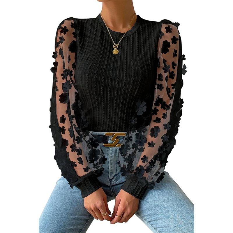 Mesh Small Flower Chiffon Shirt for Women In Spring Summer Round Neck for Slimming Pullover Long Sleeved Top