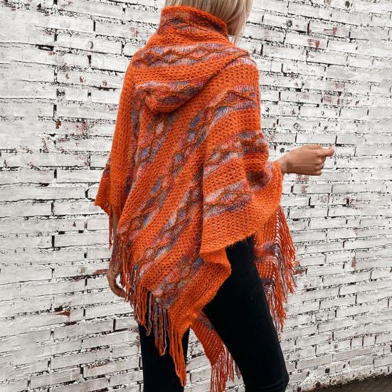 Женский свитер-пуловер с капюшоном, рукав «летучая мышь», с кисточками, вязаная накидка, разноцветная, полосатая, асимметричная