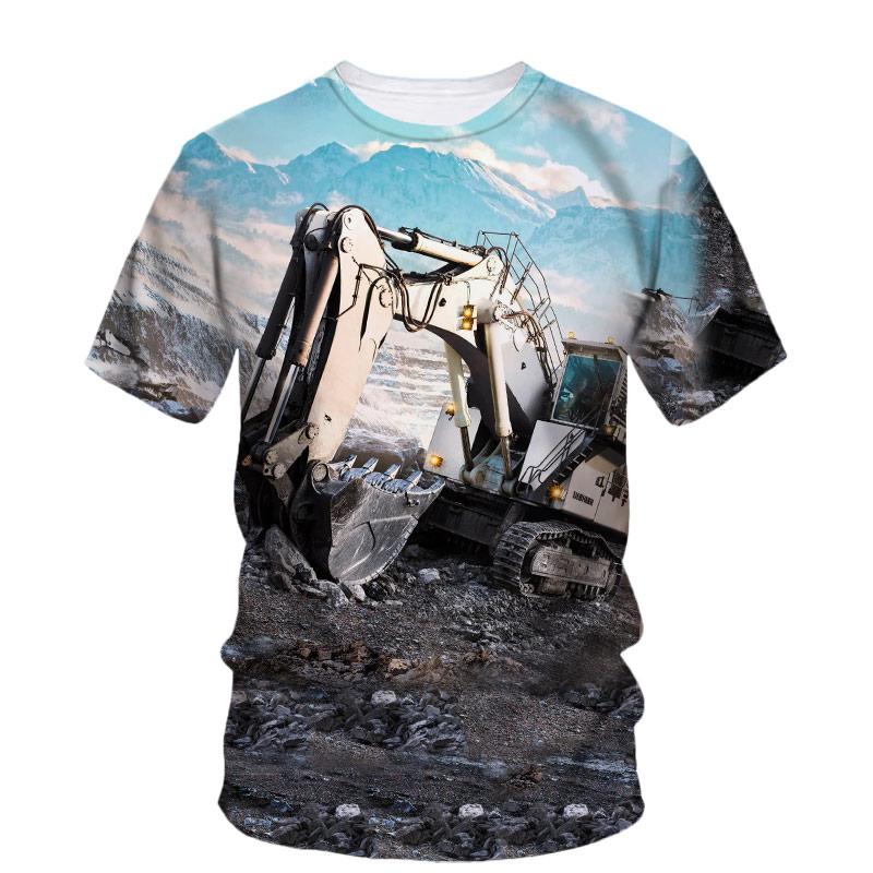 3D All Over Print Short Sleeve T-Shirt, Engineering Loader Lumber Scene Graphic Round Neck Casual Lightweight Top
