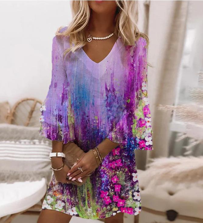 Новое, Свежее, С принтом, С V-образным вырезом, С 3/4 рукавом, Мини, Женское платье