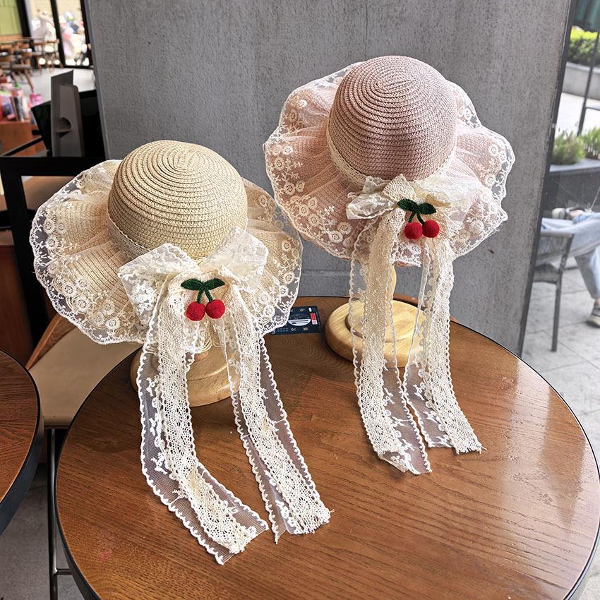 Cute Girls Summer Sun Hat With Lace Bow Beach Vacation UV Protection Cap For Toddler Baby Outdoor Shade