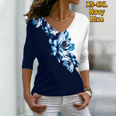 Женские весенние синие футболки с длинным рукавом и наклонным узором, свободные футболки больших размеров с V-образным вырезом, удобные блузки
