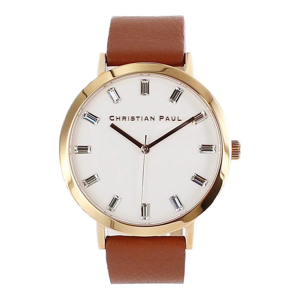 Christian Paul 43mm Luxe Crystal White Dial Rose Gold Brown Leather Black Natural Leather S002TNPG Watch [Christian Paul] Men's Women's [Item]