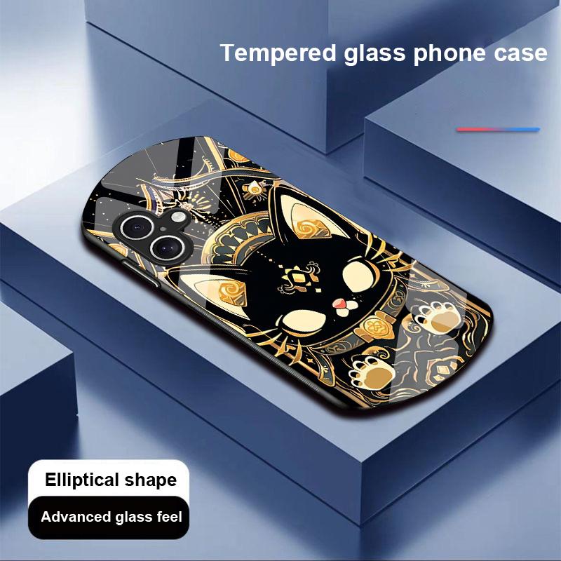 Черный Золотой Кот для Apple iPhone 16 11 13 15 14 Pro Max 12 Mini 7 8 Plus XR X XS Чехол для телефона из закаленного стекла эллиптической формы
