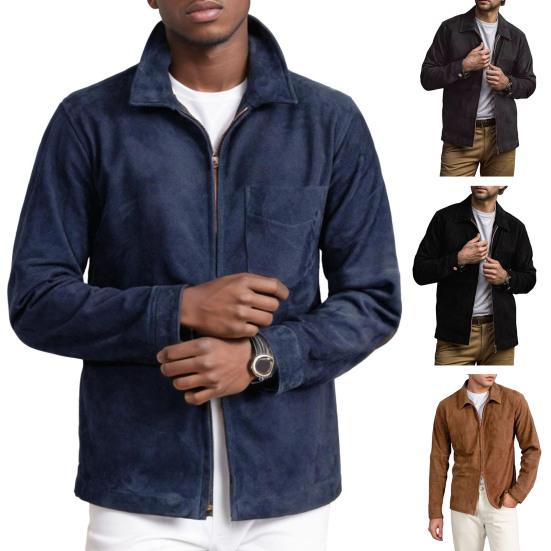 Men Coat Lapel Long Sleeve Solid Color Suede Jacket with Double-Ended Zipper Pockets Casual Street Style Outerwear