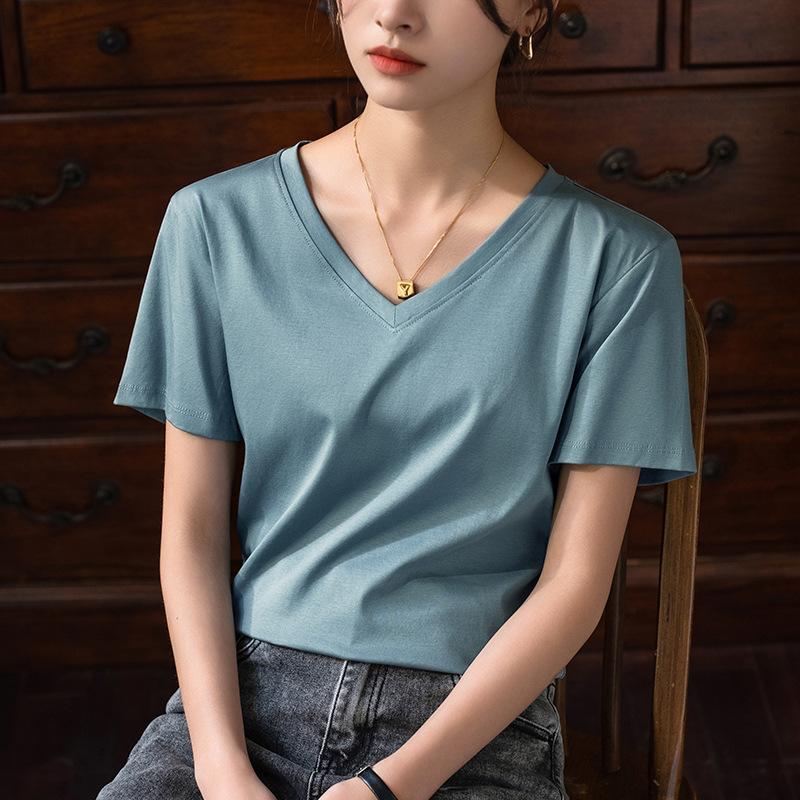 80 Двусторонняя футболка из мерсеризованного хлопка с короткими рукавами для женщин, новая женская футболка из чистого хлопка с V-образным вырезом, закрывающая живот