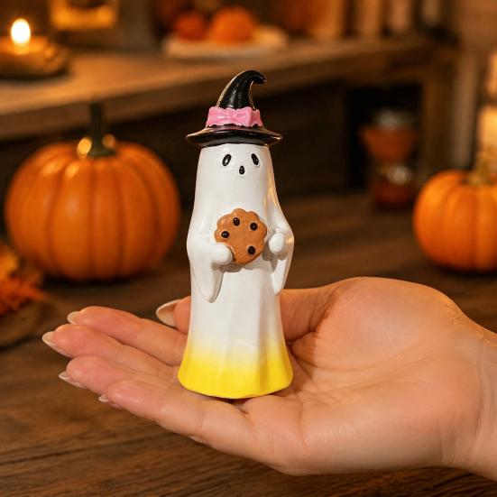 Fun Halloween Gifts for Kids Cute Ghost Ornament, Resin Figurines with Cake/Cookie Design Desktop Fireplace Home Holiday Party Decoration Shelf