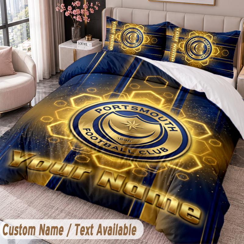 Portsmouth FC Printed Bedding Set Custom Name Text 1 Duvet Cover 2 Pillowcases For Bedroom