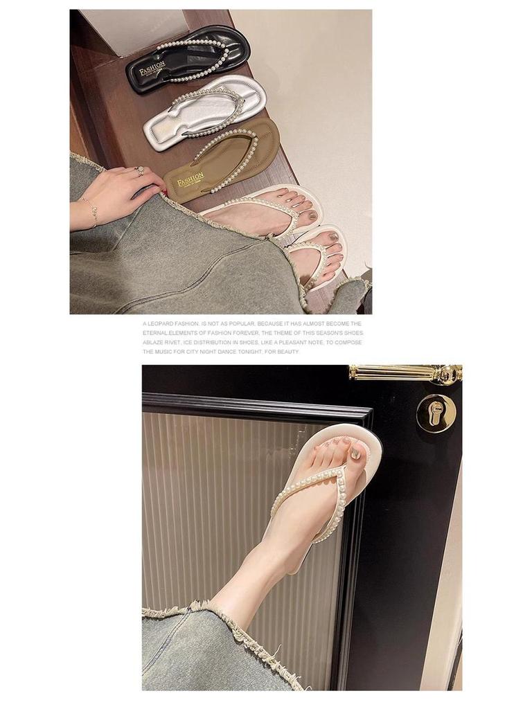 Женские летние 2025 шлепанцы с жемчугом и стразами, нескользящие: Элегантные уличные пляжные шлепанцы