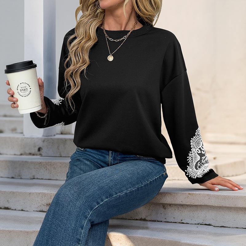 Women's Lace Patchwork Autumn Pullover Top - Casual Round Neck Sweatshirt