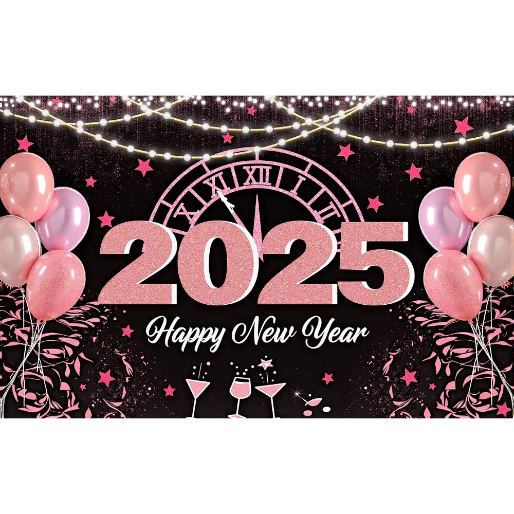 2025 С Новым годом Розовый тематический фон для вечеринки с часами, воздушными шарами, баннером для семейной вечеринки, украшением дома, фотографиями, фоном, новым в