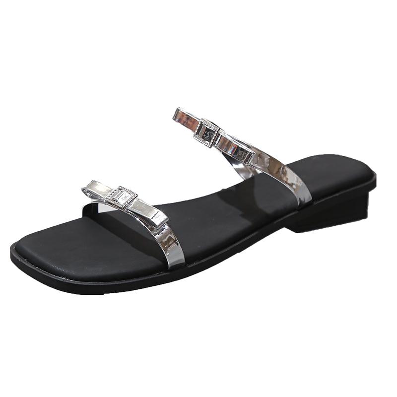 Fashion Low Heel Slippers Women's Fashion Square Head Butterfly Knot Fine Strap Soft Sole Anti-slip Wear-resistant Slope Heel Shoes