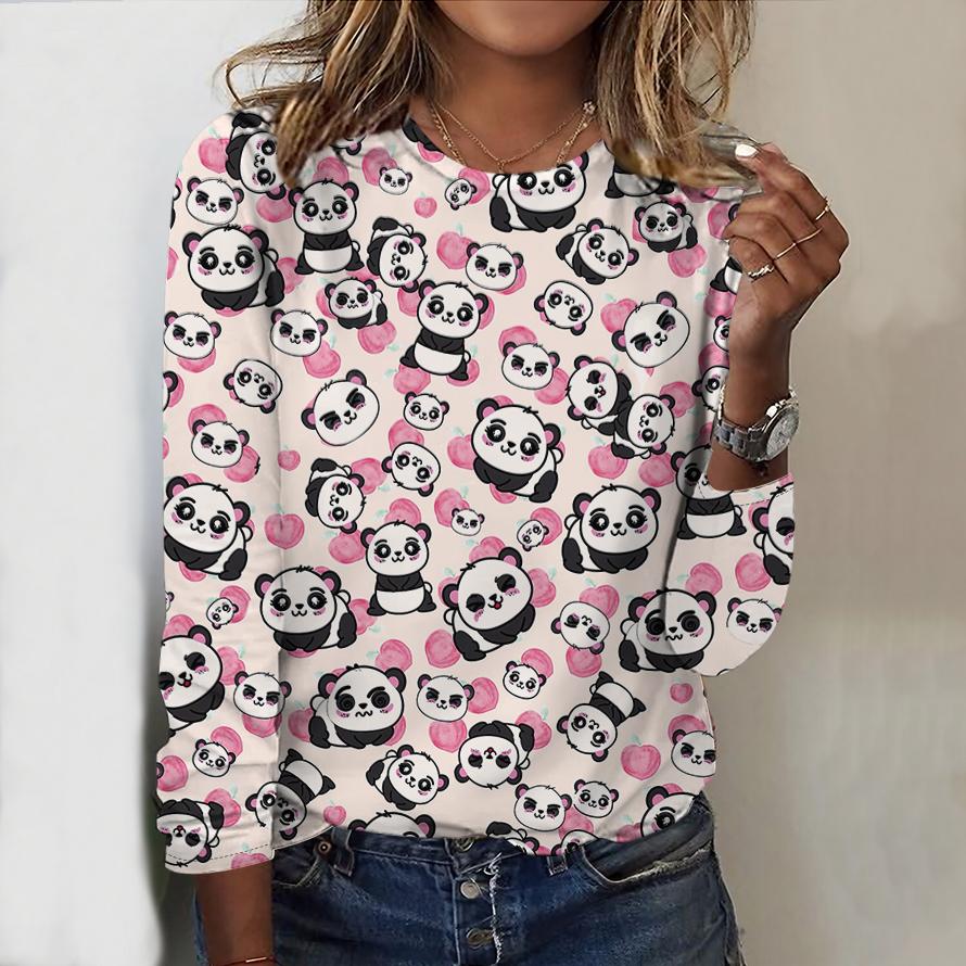 Tops For Women Cute Panda Print Round Neck Long Sleeve T-shirt Fall Casual Slim Pullover Women's Long Sleeve Top