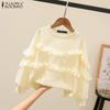 Women Fashion Round Neck Long Sleeve Layered Ruffle Pullover Sweatshirts