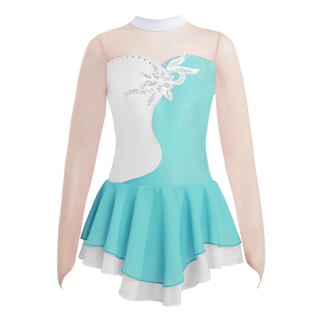 Детская танцевальная одежда с длинными рукавами для девочек, сетчатое лоскутное платье с блестками для катания на коньках, гимнастическое трико, платье