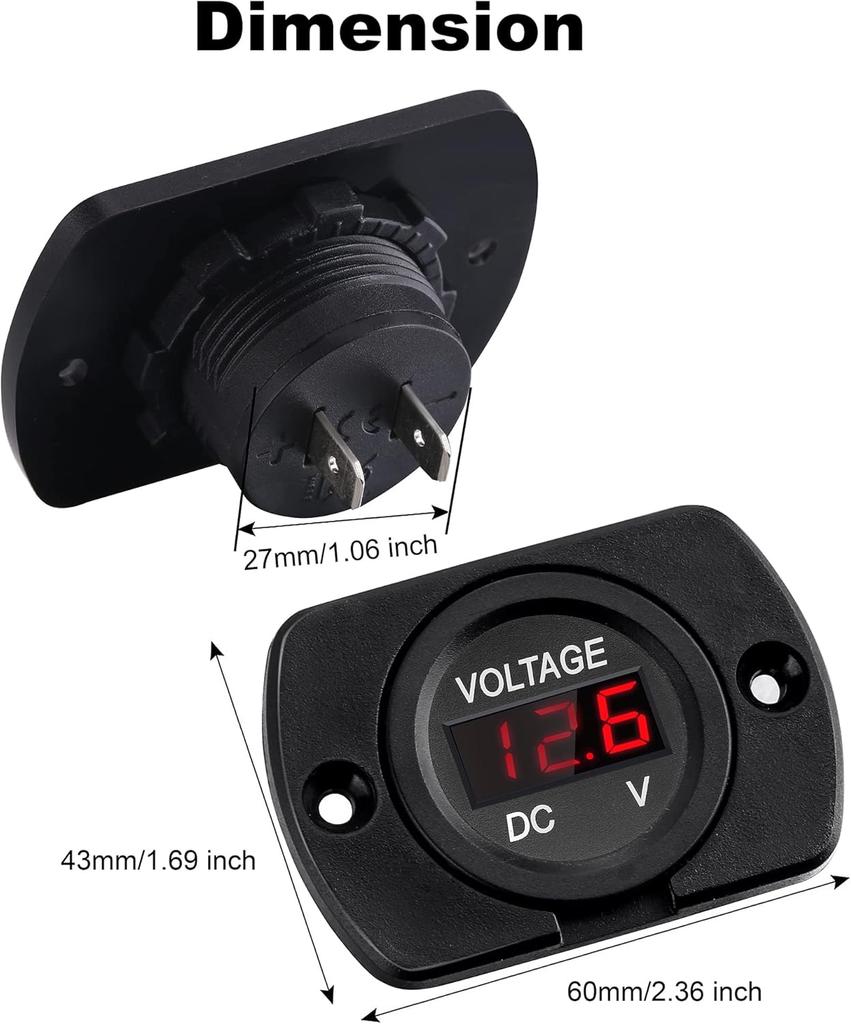 2 Pack DC 12V 24V Waterproof Car Voltmeter LED Digital Display Panel, Round Voltage Gauge with Terminals for Car/Motorcycle/Travel Trailer/Truck/Boat