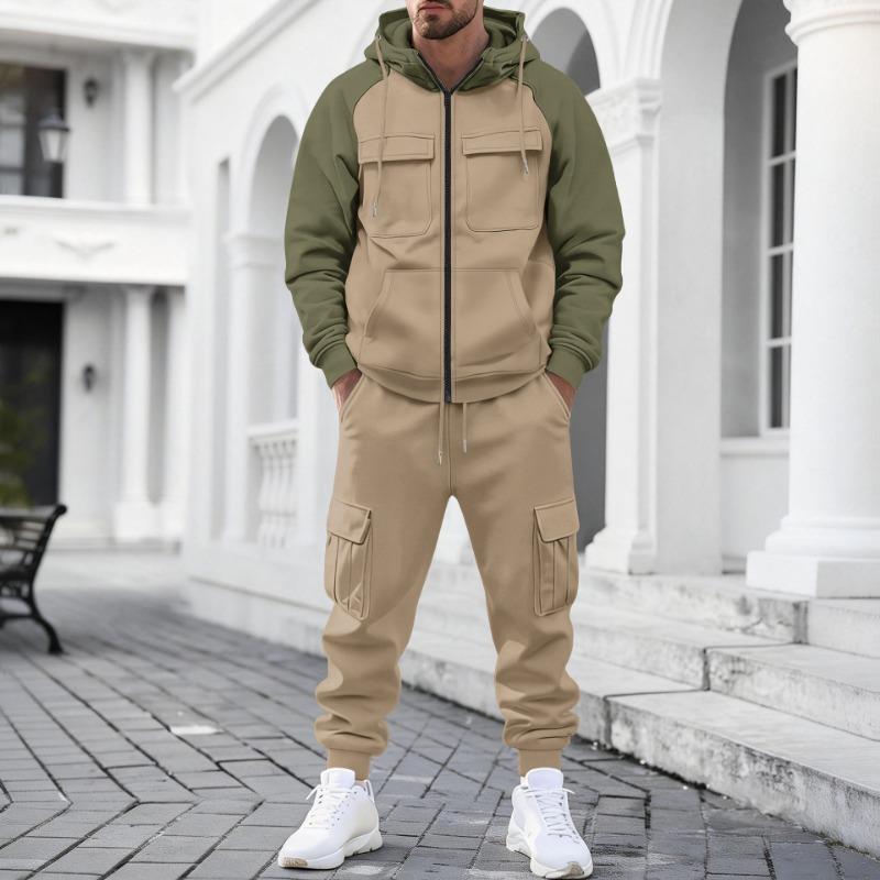 Мужской двухпредметный комплект: худи на молнии с цветовыми блоками, рукавами реглан и карманами-карго, и штаны-джоггеры