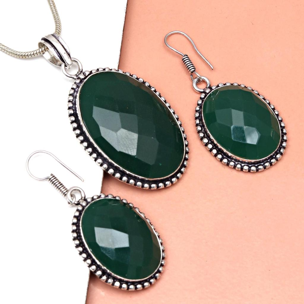 Onyx Green Pendant Set Earrings Jewelry Gemstone Handmade Ethnic